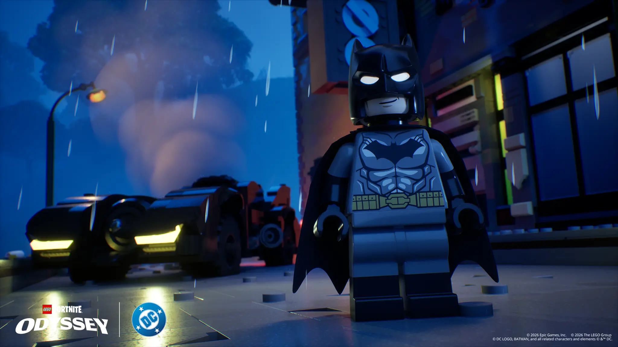 Batman beside the Batmobile in a Gotham City street in LEGO Fortnite Odyssey