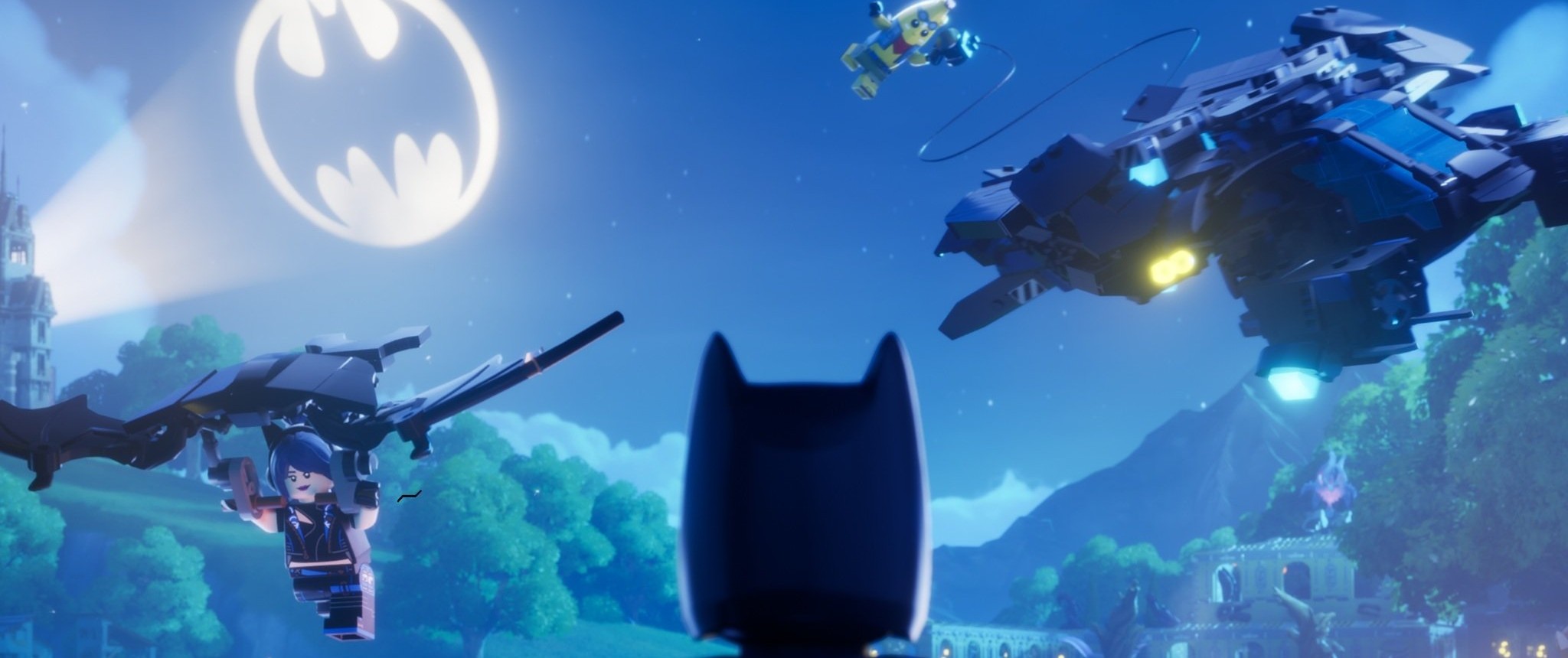 Batman under the Bat-Signal in LEGO Fortnite Odyssey, with the Batmobile and The Bat